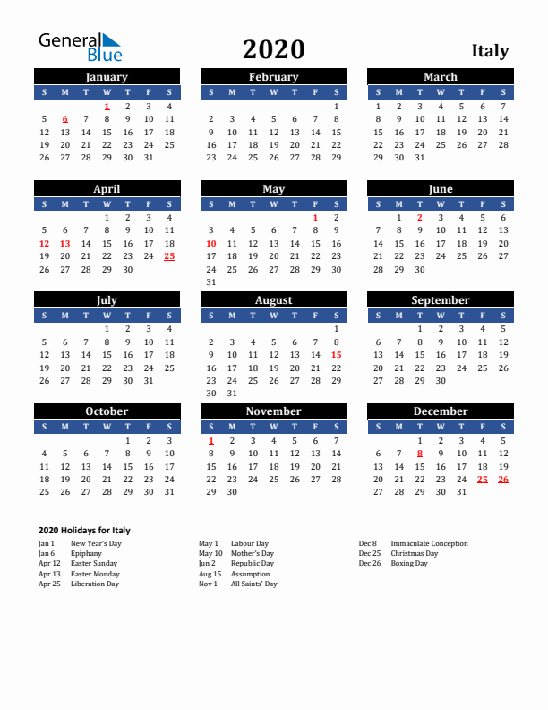 2020 Italy Holiday Calendar