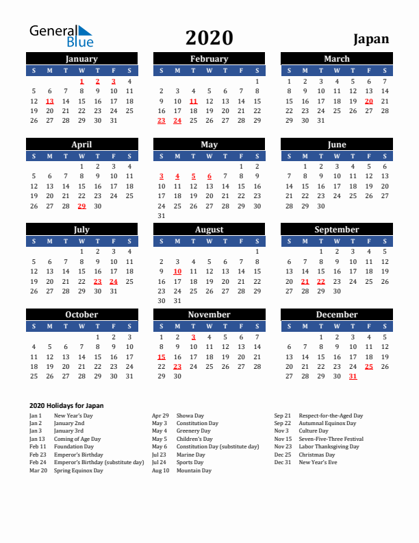 2020 Japan Holiday Calendar