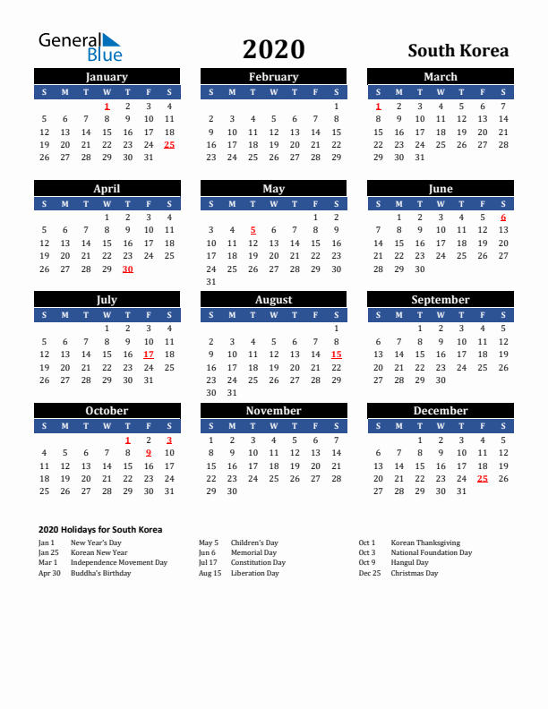 2020 South Korea Holiday Calendar