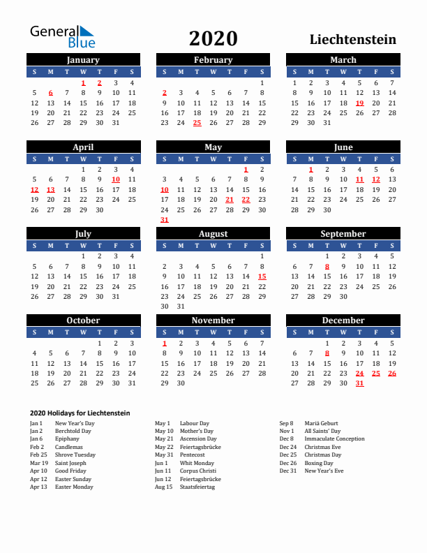 2020 Liechtenstein Holiday Calendar