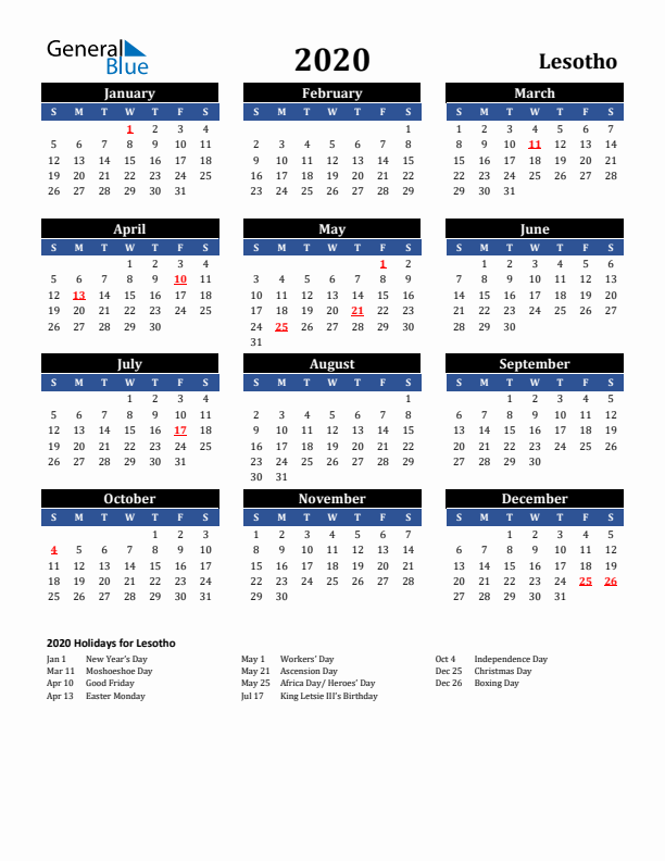 2020 Lesotho Holiday Calendar