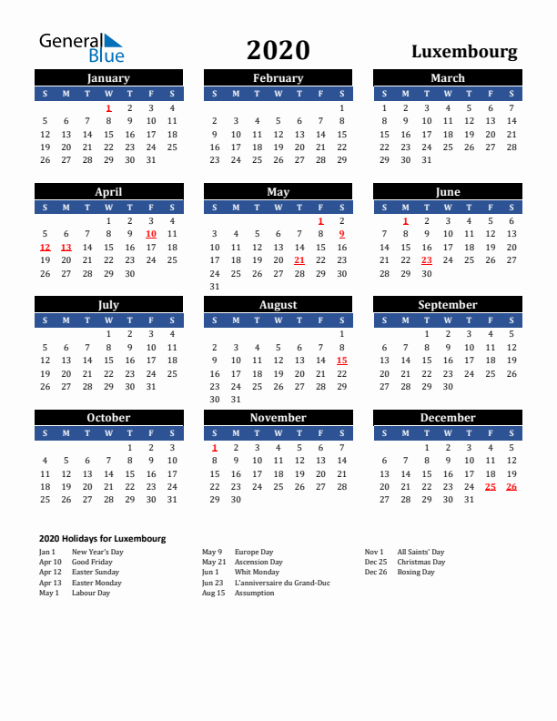2020 Luxembourg Holiday Calendar