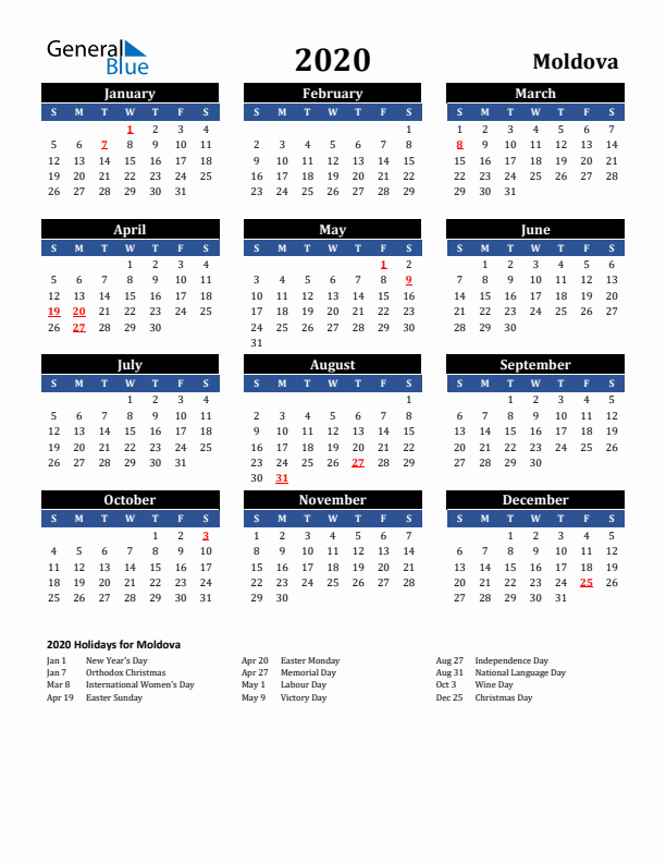 2020 Moldova Holiday Calendar