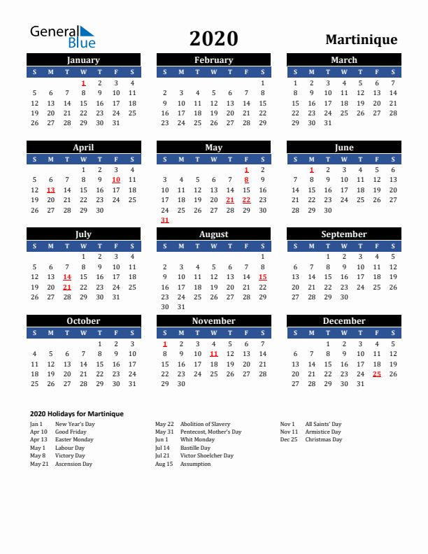 2020 Martinique Holiday Calendar