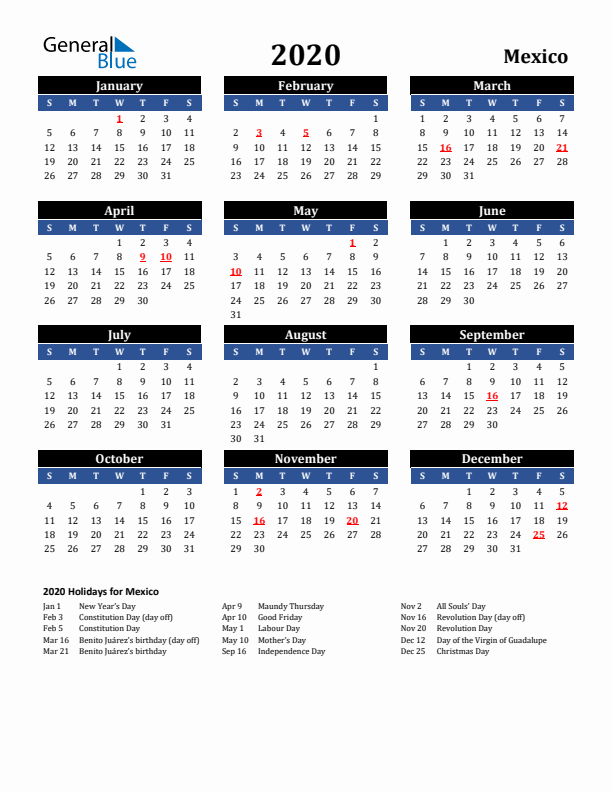 2020 Mexico Holiday Calendar