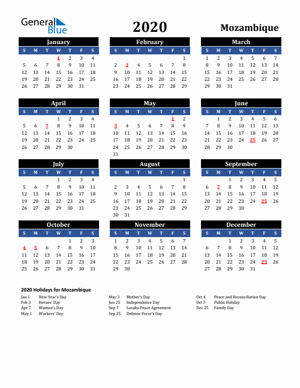 2020 Mozambique Holiday Calendar