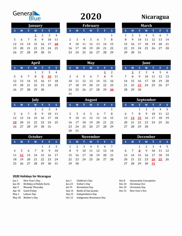 2020 Nicaragua Holiday Calendar