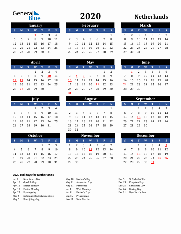 2020 The Netherlands Holiday Calendar