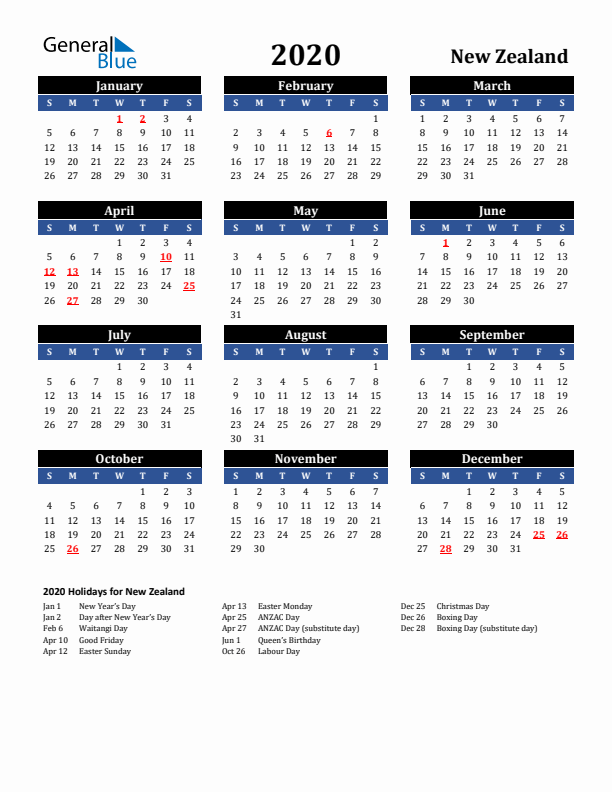 2020 New Zealand Holiday Calendar