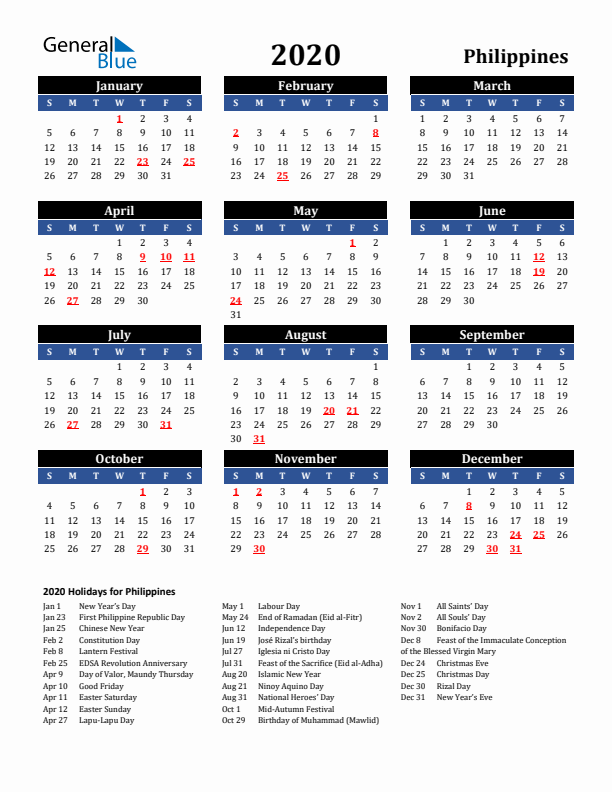 2020 Philippines Holiday Calendar
