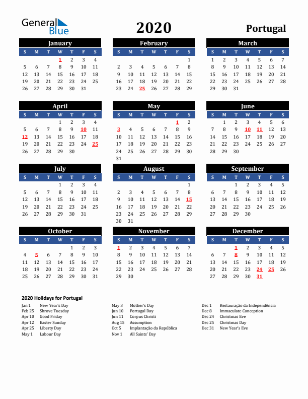 2020 Portugal Holiday Calendar