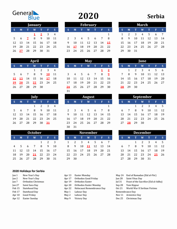 2020 Serbia Holiday Calendar