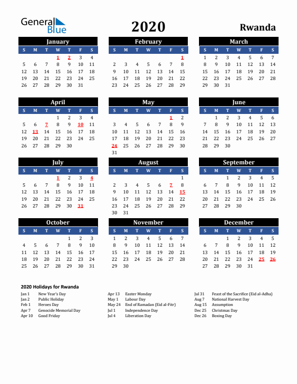 2020 Rwanda Holiday Calendar