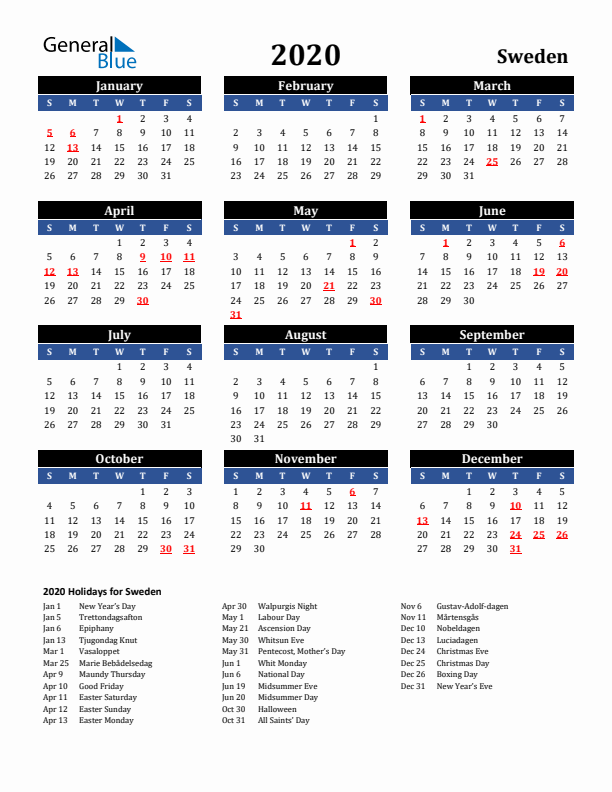 2020 Sweden Holiday Calendar