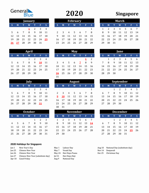 2020 Singapore Holiday Calendar