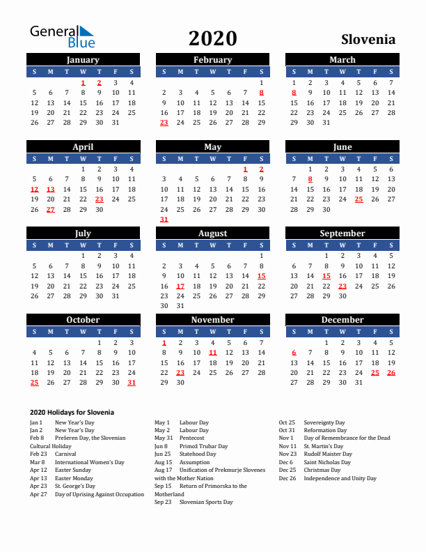 2020 Slovenia Holiday Calendar