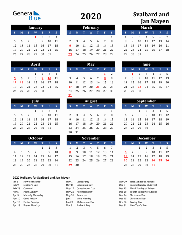 2020 Svalbard and Jan Mayen Holiday Calendar