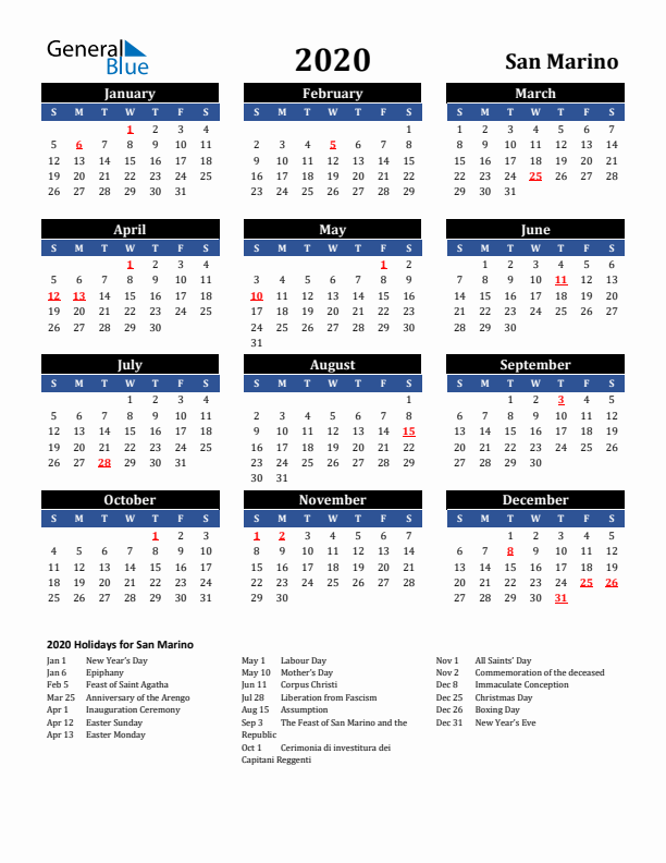2020 San Marino Holiday Calendar