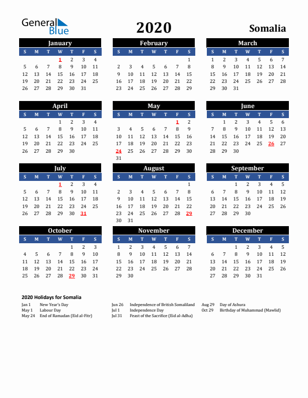 2020 Somalia Holiday Calendar