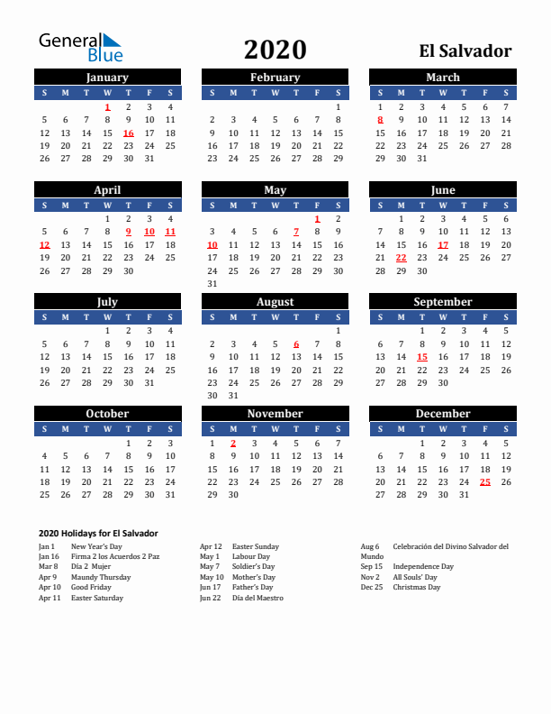 2020 El Salvador Holiday Calendar