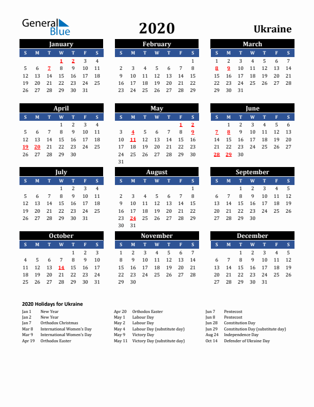 2020 Ukraine Holiday Calendar
