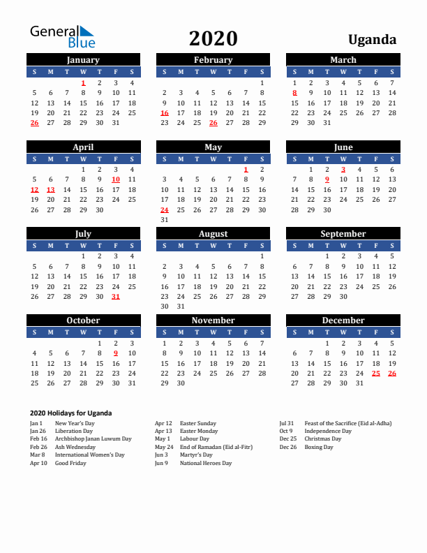 2020 Uganda Holiday Calendar