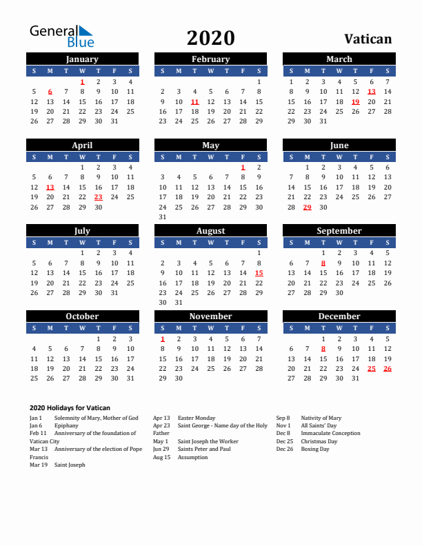 2020 Vatican Holiday Calendar