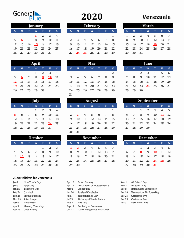 2020 Venezuela Holiday Calendar