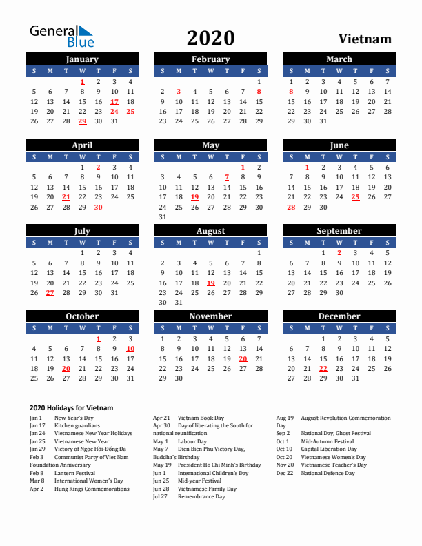 2020 Vietnam Holiday Calendar