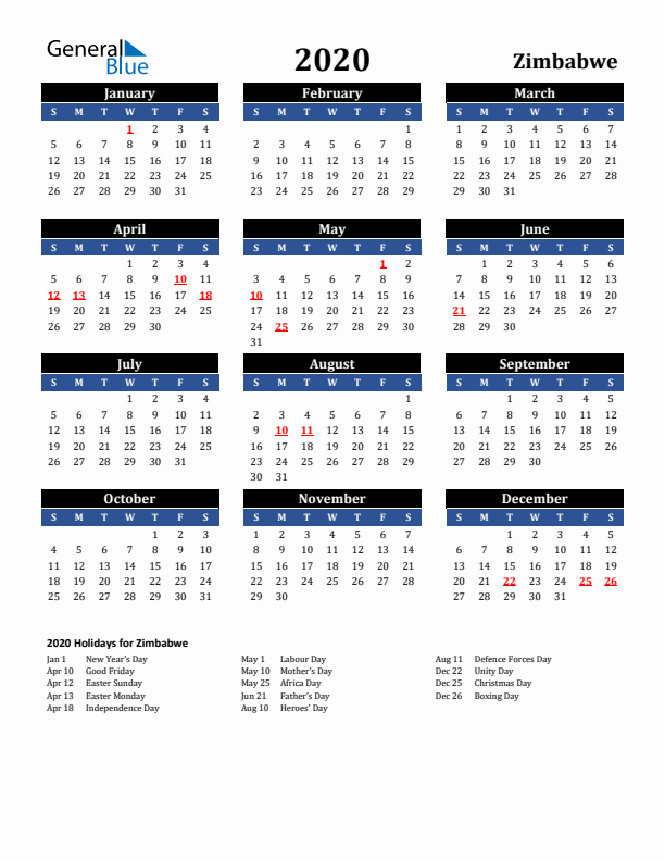 2020 Zimbabwe Holiday Calendar