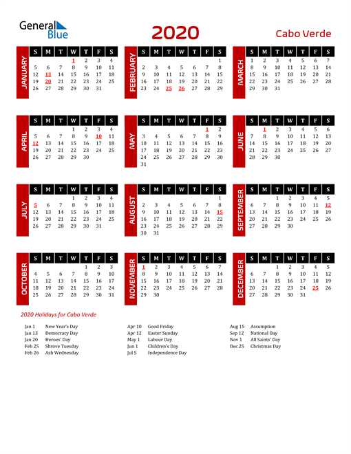 Download Cabo Verde 2020 Calendar