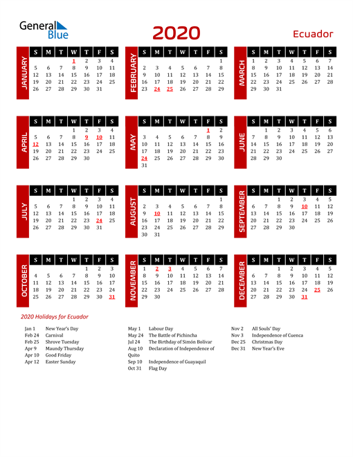Download Ecuador 2020 Calendar