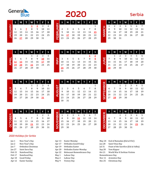 Download Serbia 2020 Calendar