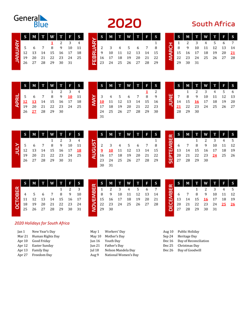 Download South Africa 2020 Calendar