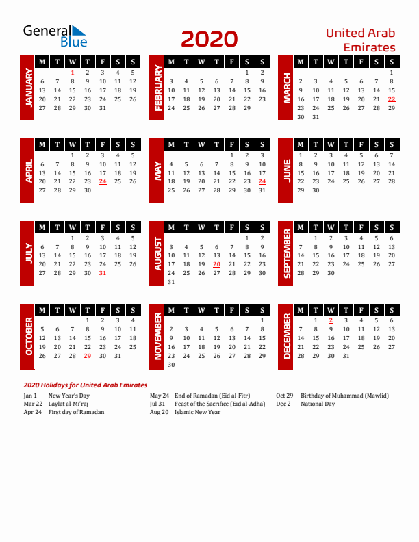 Download United Arab Emirates 2020 Calendar - Monday Start