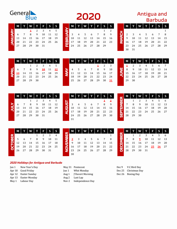 Download Antigua and Barbuda 2020 Calendar - Monday Start