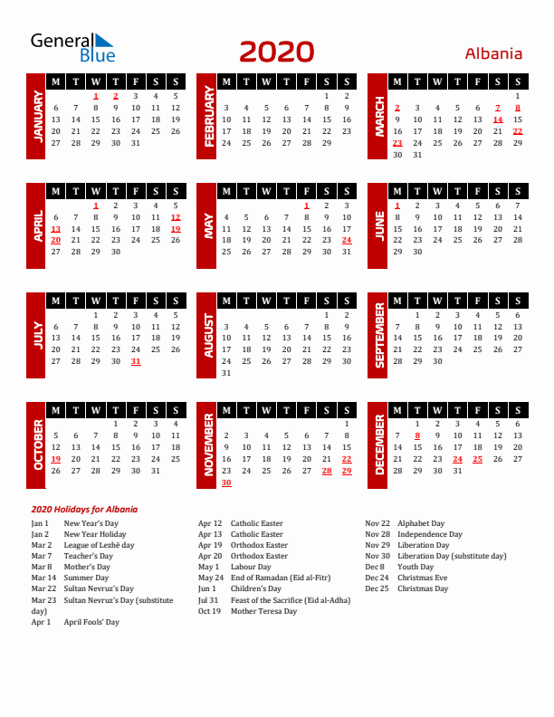 Download Albania 2020 Calendar - Monday Start