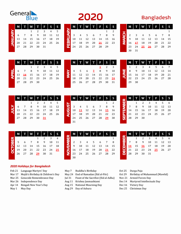 Download Bangladesh 2020 Calendar - Monday Start