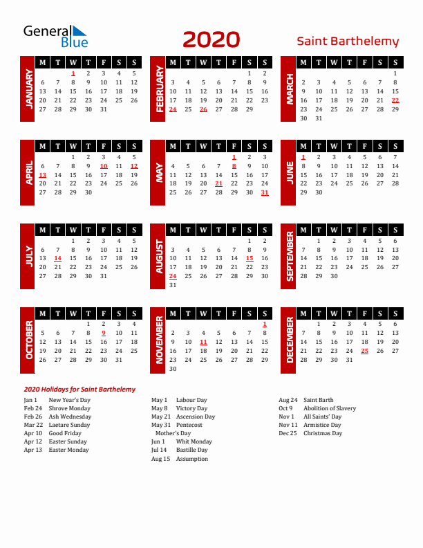 Download Saint Barthelemy 2020 Calendar - Monday Start