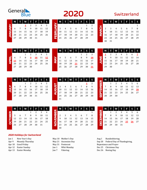 Download Switzerland 2020 Calendar - Monday Start
