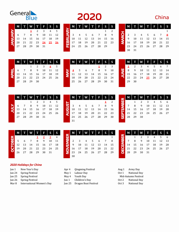 Download China 2020 Calendar - Monday Start