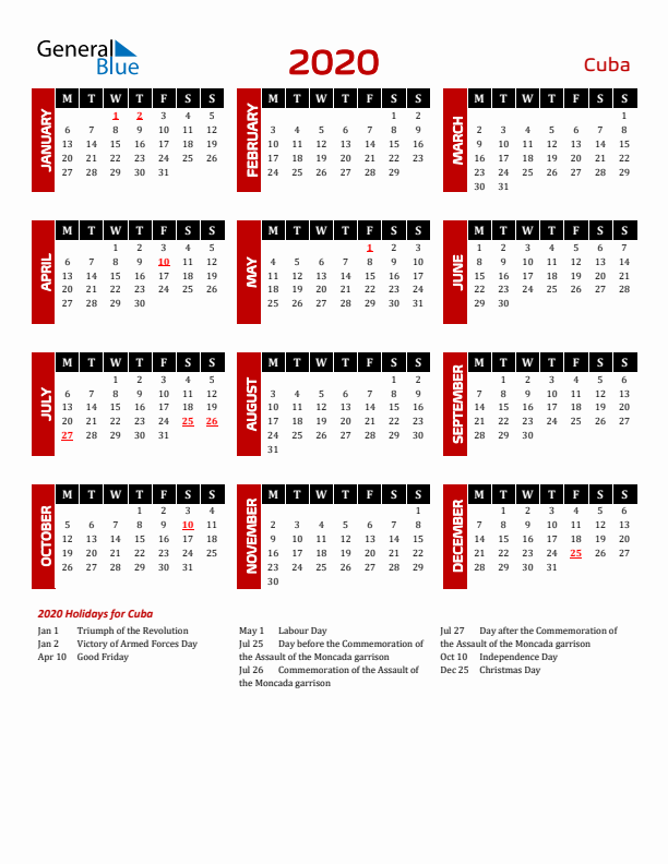 Download Cuba 2020 Calendar - Monday Start