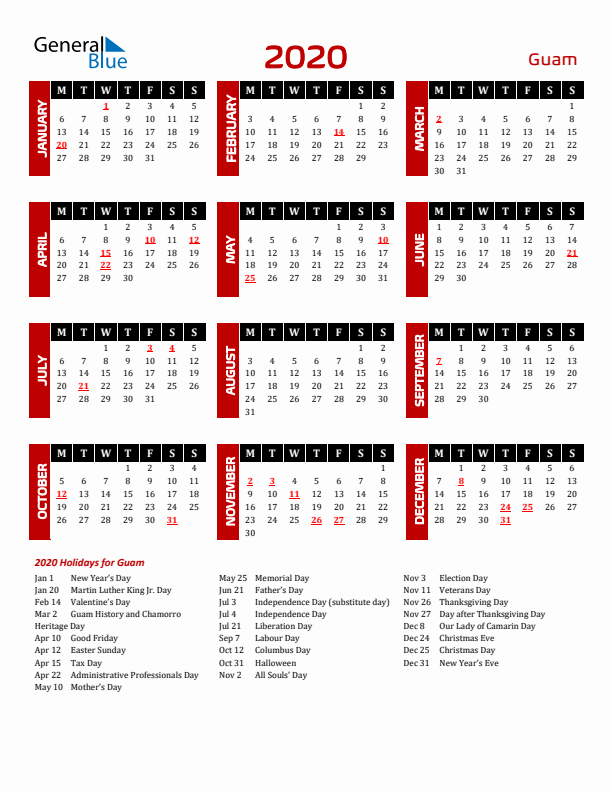 Download Guam 2020 Calendar - Monday Start