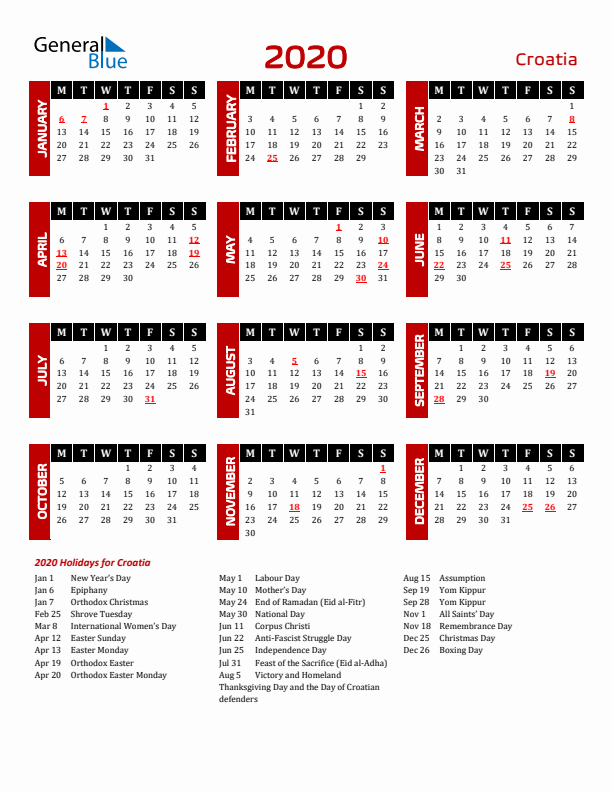 Download Croatia 2020 Calendar - Monday Start