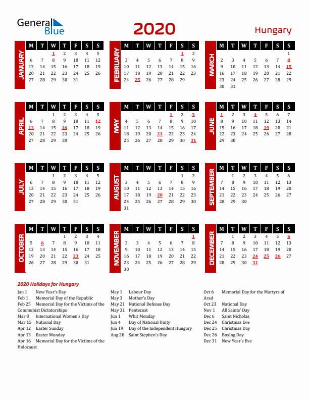 Download Hungary 2020 Calendar - Monday Start