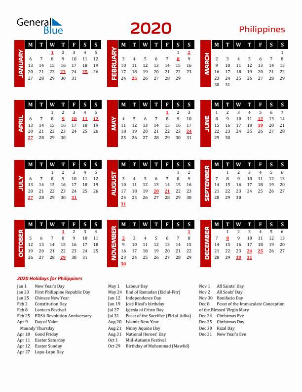 Download Philippines 2020 Calendar - Monday Start