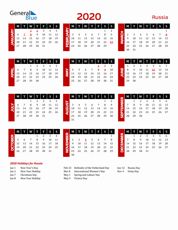 Download Russia 2020 Calendar - Monday Start