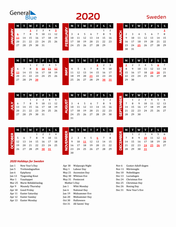 Download Sweden 2020 Calendar - Monday Start