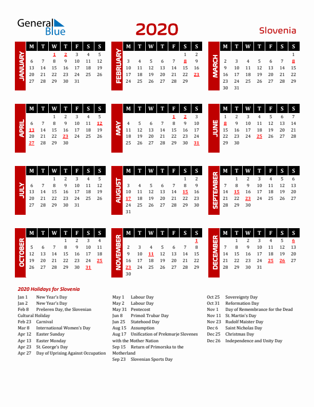 Download Slovenia 2020 Calendar - Monday Start