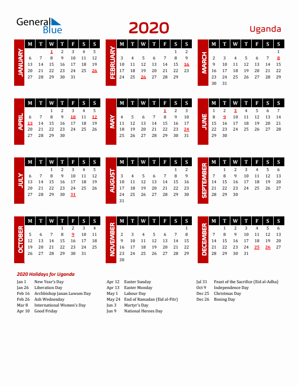 Download Uganda 2020 Calendar - Monday Start